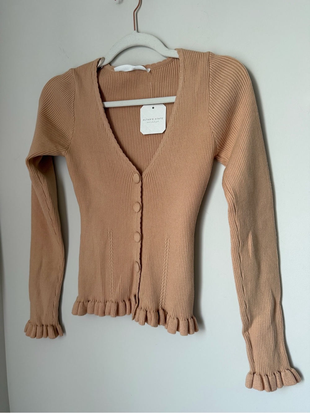 Altar'd State Tan Ribbed V‑Neck Button Cardigan with Ruffle Trim